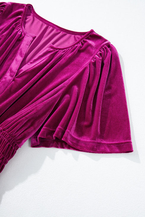 Velvet Short Sleeve Shirred Waist Tiered Maxi Dress